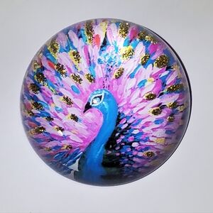 Peacock Art Glass Sphere with Gold Accents Paperweight - 3"